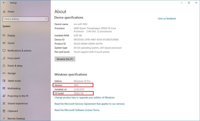 Checking Windows 10 May 2019 update using the About settings page