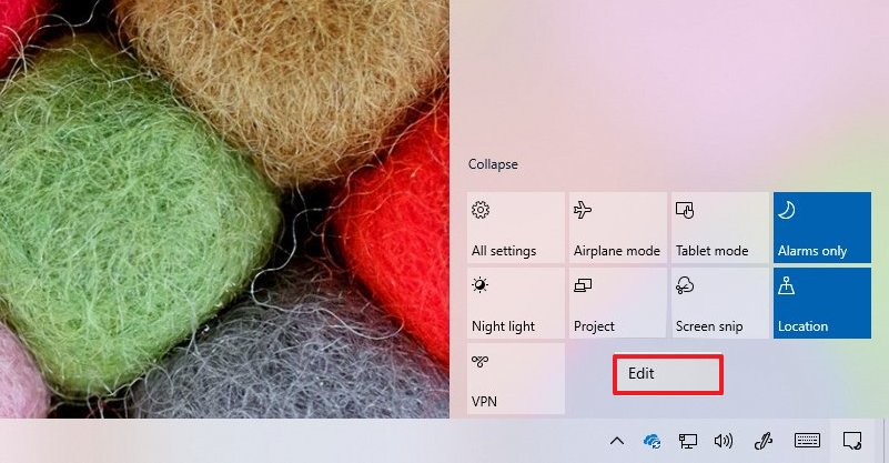 Open Quick Actions settings on Windows 10 version 1903