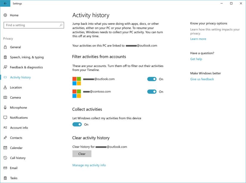 Activity history page in Windows 10 build 17063