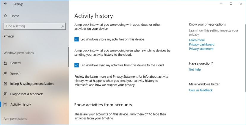 Activity history settings in the October 2018 Update