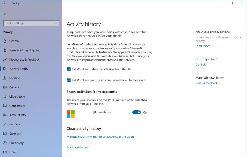 Activity history settings