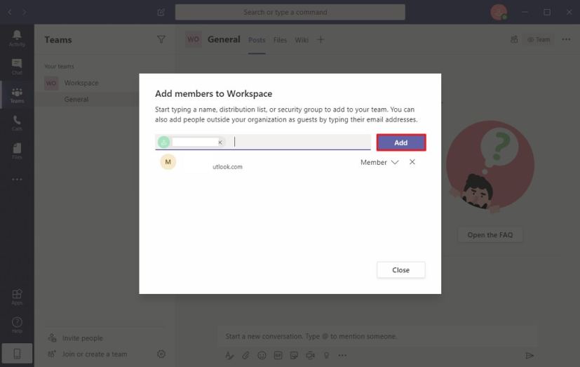 Microsoft Teams add member to channel option