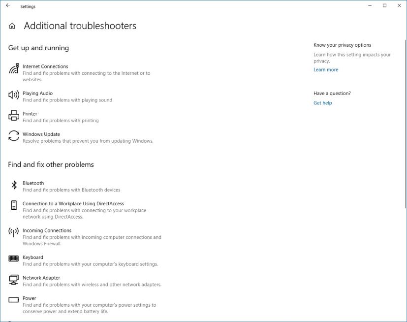 Additional troubleshooters page on Windows 10 20H1