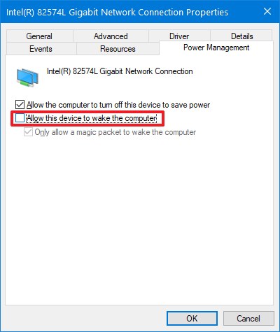 Device Manager allow this device to wake the computer option