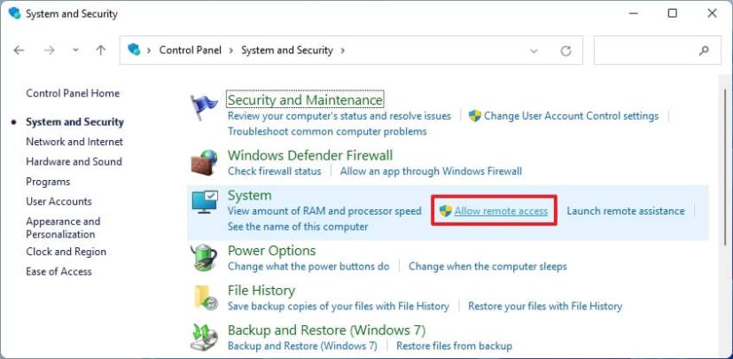 Control Panel allow remote access option