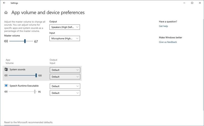 App volume and device preferences on Windows 10 20H1