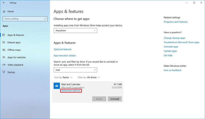 Windows 10 Apps & features settings