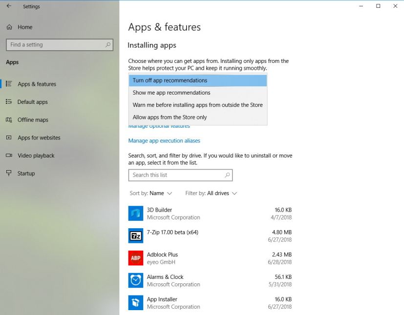 Installing apps new options on Windows 10 Redstone 5