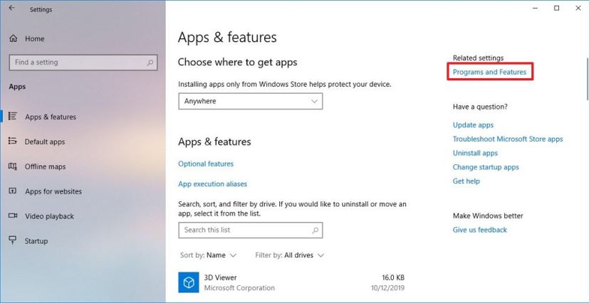 Apps & features Programs and Features option