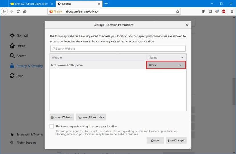 Block website location tracking on Firefox