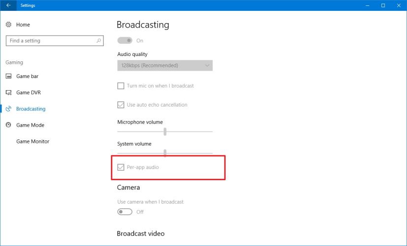 Broadcasting settings on Windows 10