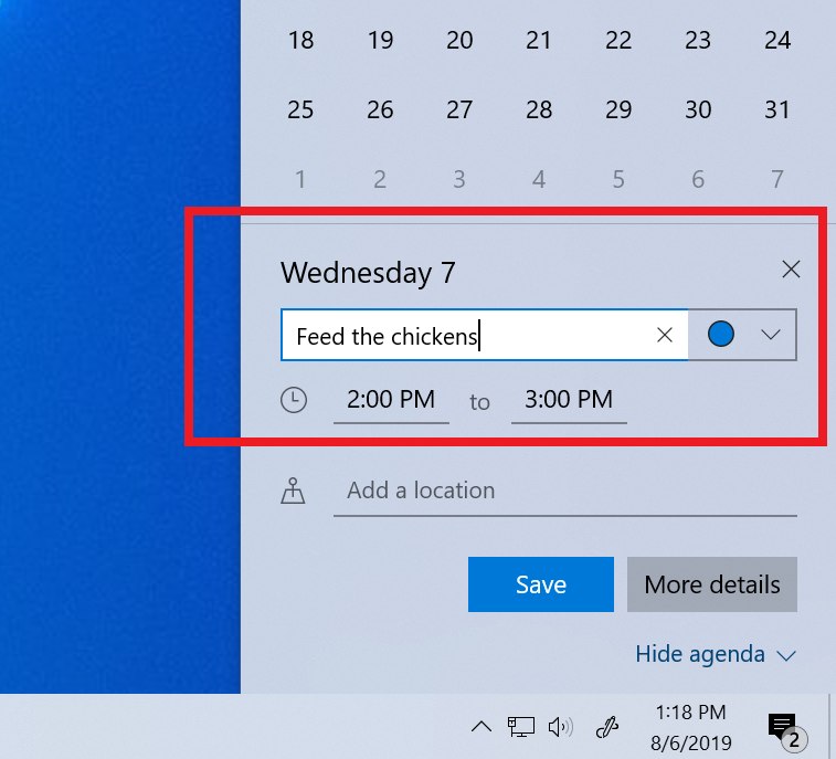 Create calendar events from taskbar on Windows 10 19H2