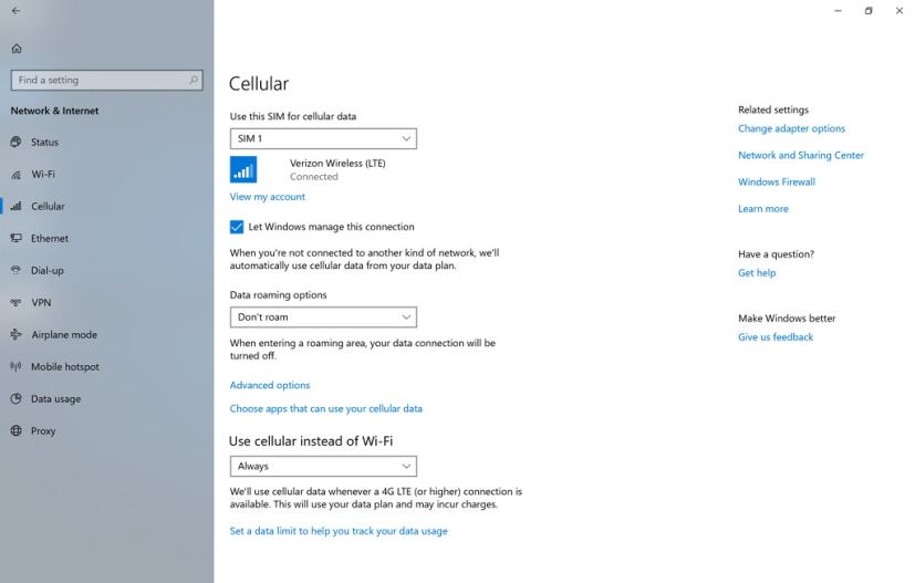 Cellular settings in Windows 10 build 17063