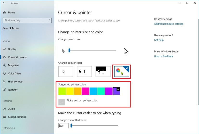 Mouse pointer color settings on Windows 10 version 1903