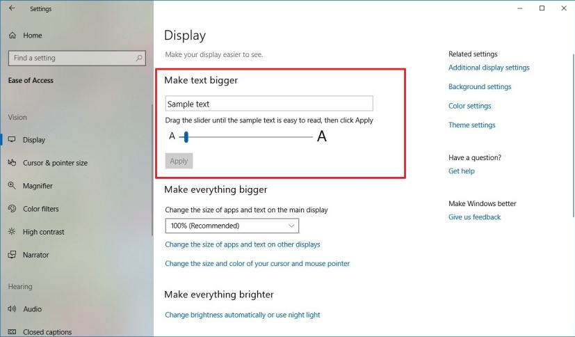 Ease of Access Display settings with option to change font size