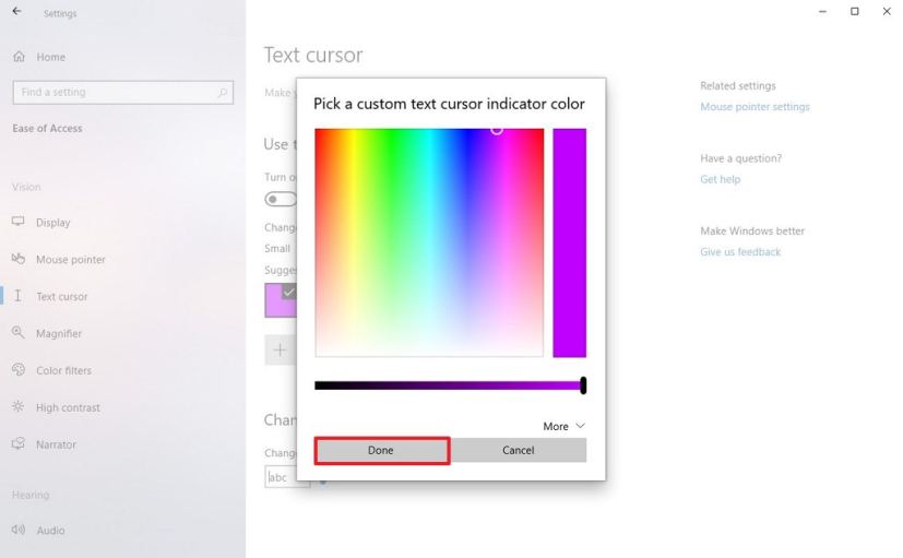 Select text cursor indicator custom color on Windows 10 20H1