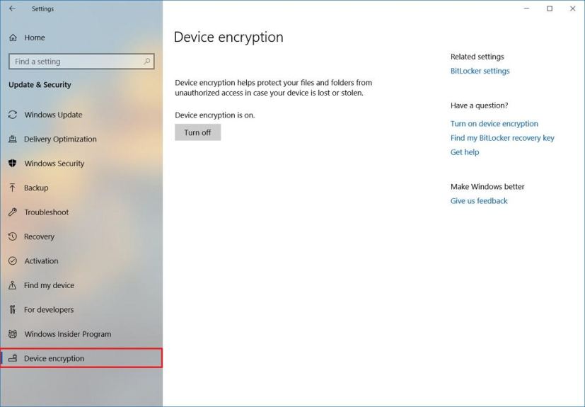 Device Encryption on Windows 10 Settings