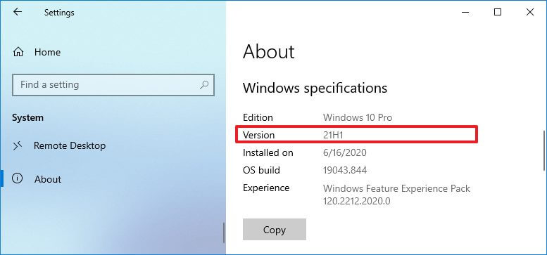 Check Windows 10 21H1 with Settings