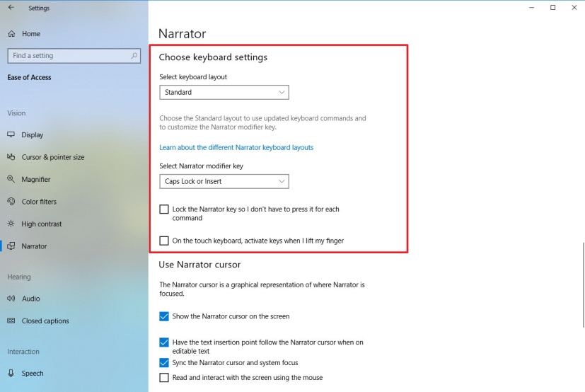 Narrator keyboard settings on Windows 10 Redstone 5