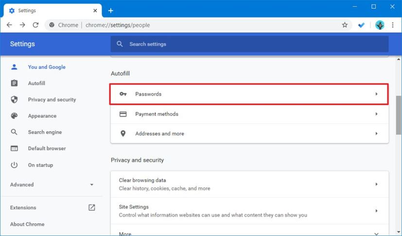 Chrome passwords option