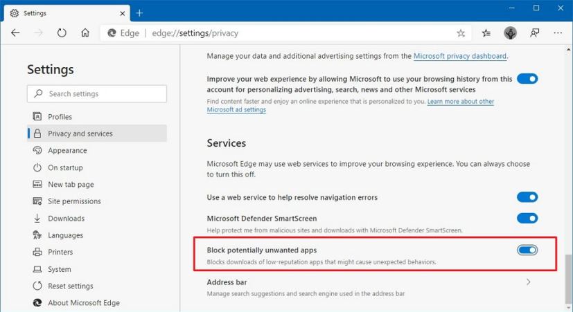 Microsoft Edge block potentially unwanted apps option