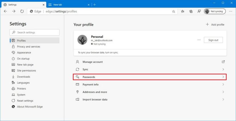 Microsoft Edge Chromium profiles passwords option