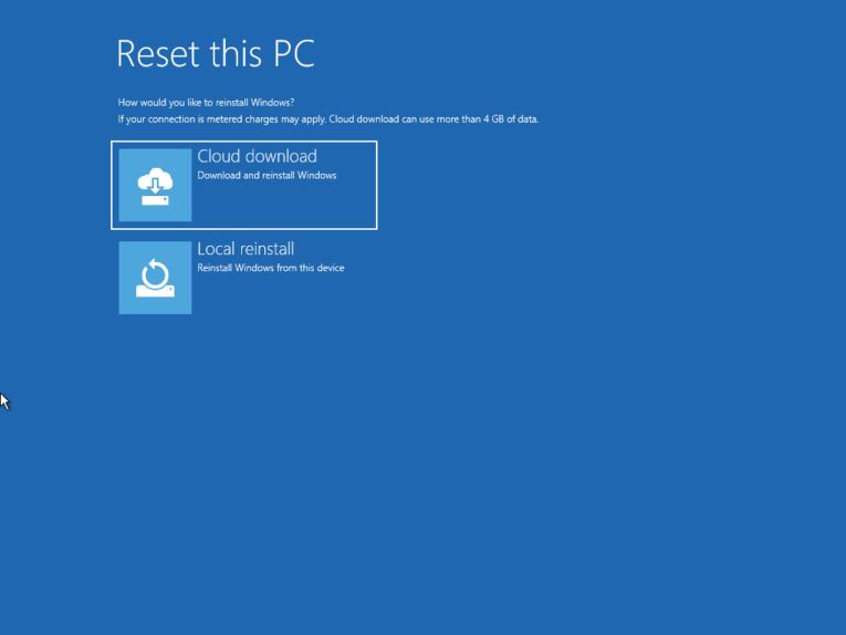 Reset this PC with cloud download option from Windows 10 advanced startup