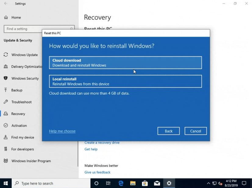 Reset this PC with Cloud Download option (image source: Microsoft)
