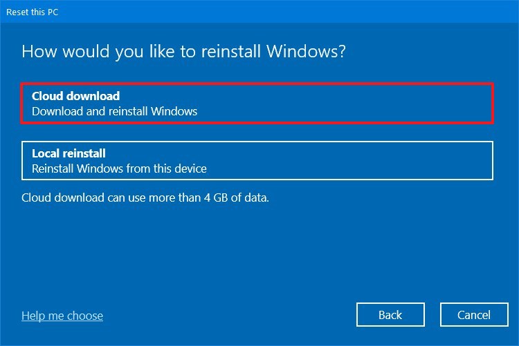 Reset this PC with Cloud Download option 