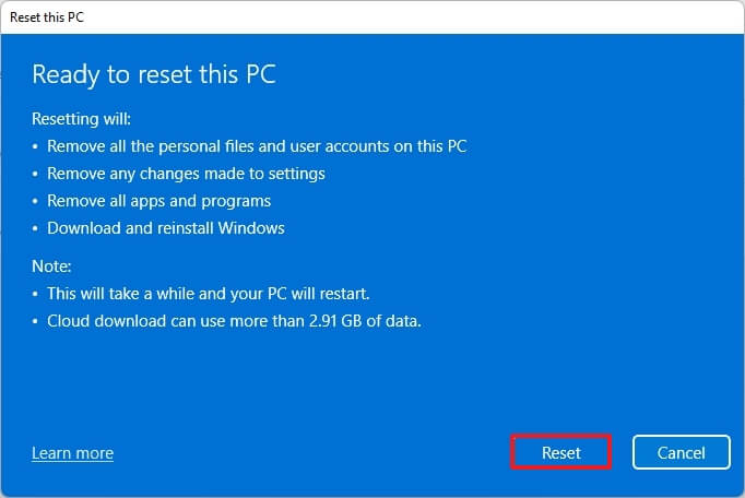 Reset this PC remove everything