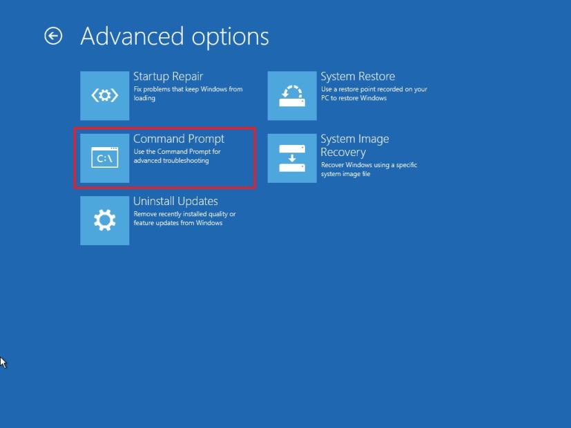 Windows 10 Recovery Environment Command Prompt option 