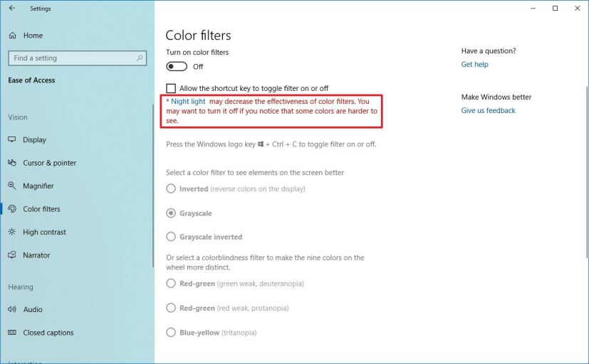 Color filters with Night light warning