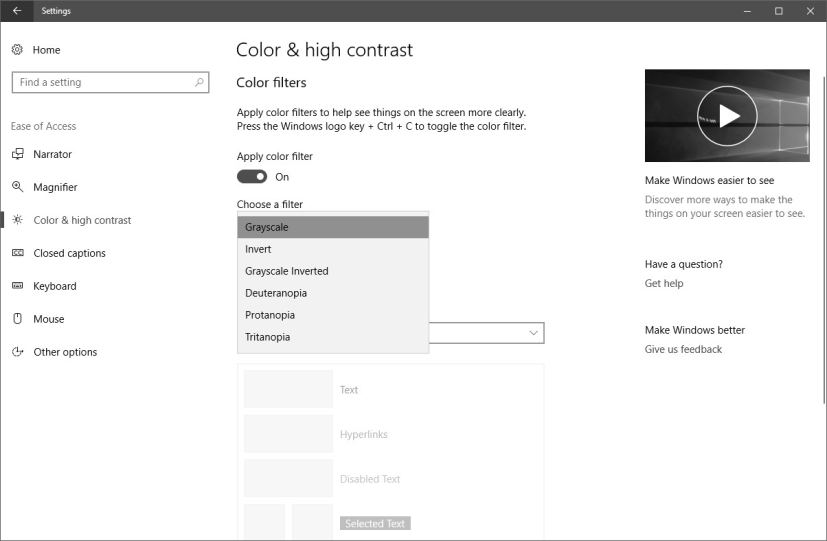 Color filter settings on Windows 10
