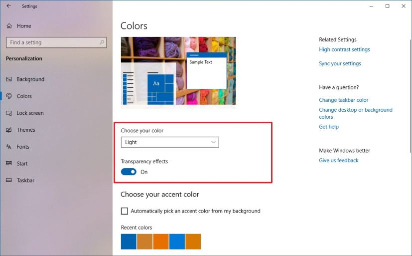 Colors settings on Windows 10 version 1903