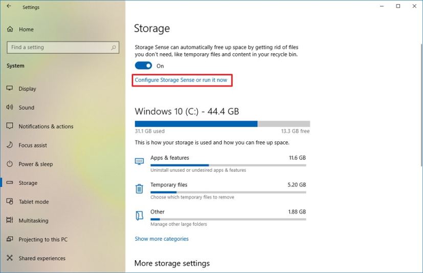 Configure Storage Sense or run it now option