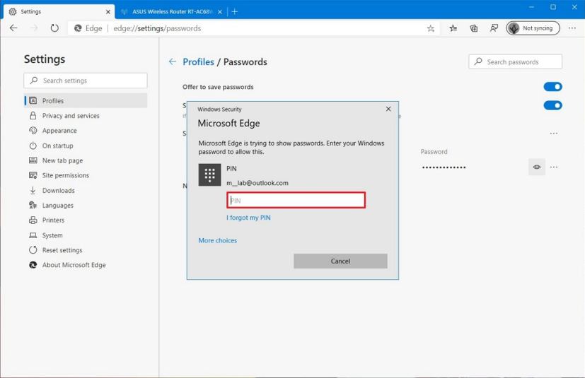 Windows 10 confirm account to show saved password