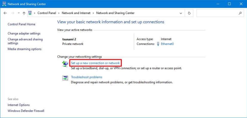 Set up a new connection or network option