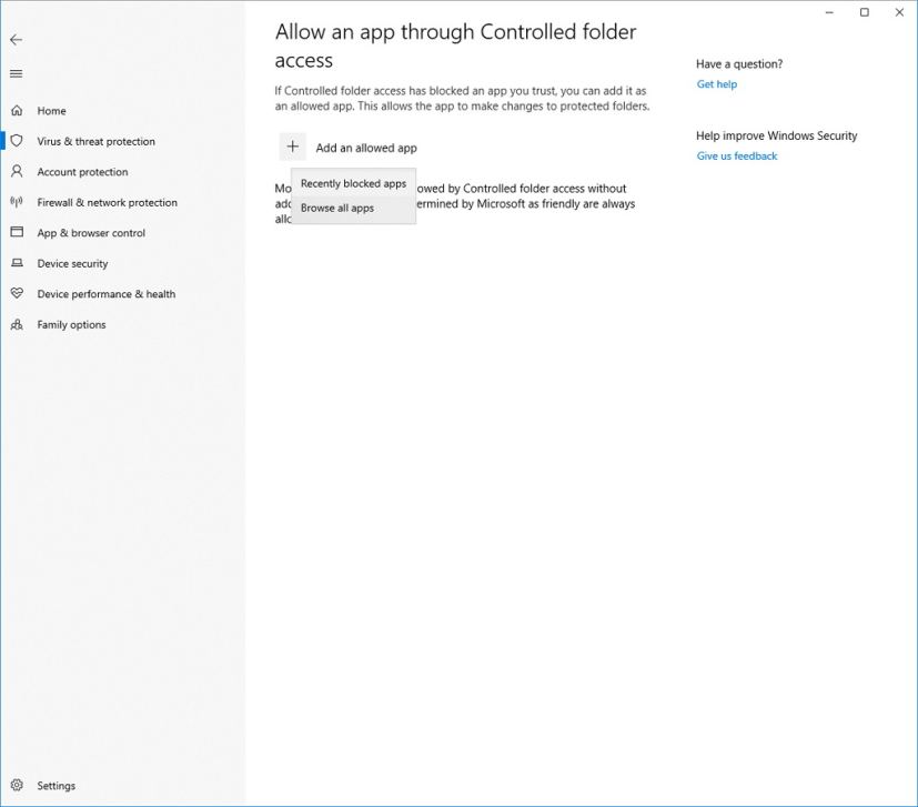 Controlled folder access settings on Windows 10 build 17704