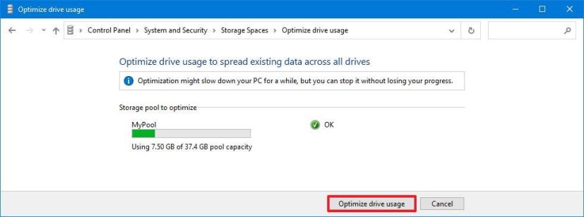 Control Panel optimize storage pool