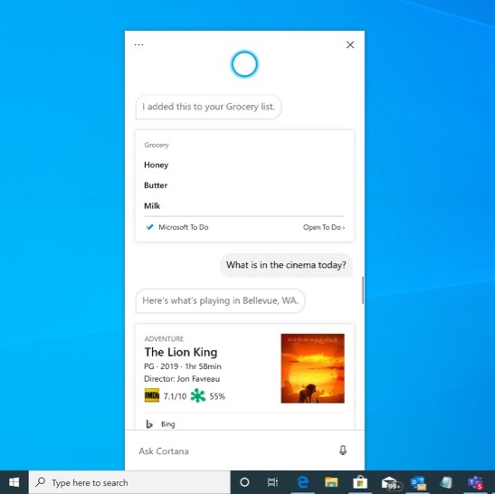 Cortana app for Windows 10 20H1. (Image source Microsoft)
