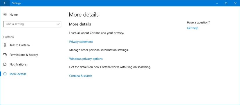 Cortana More details settings