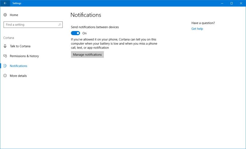 Cortana Notifications settings