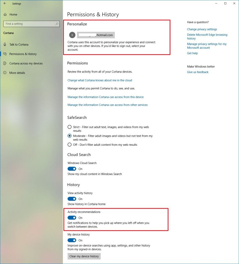 Personalize and Activity recommendations options on Windows 10 Redstone 5