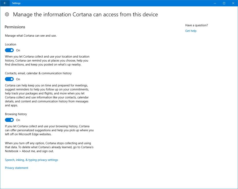 Cortana permissions options