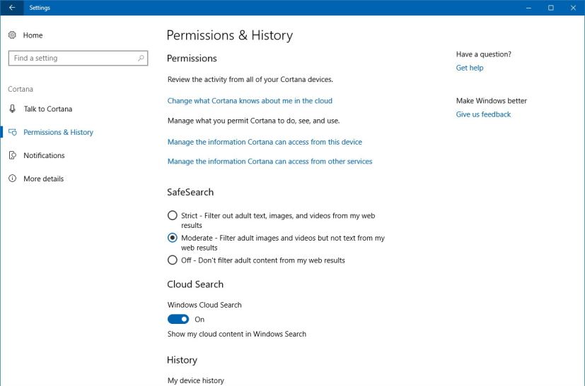 Cortana Permissions & History settings