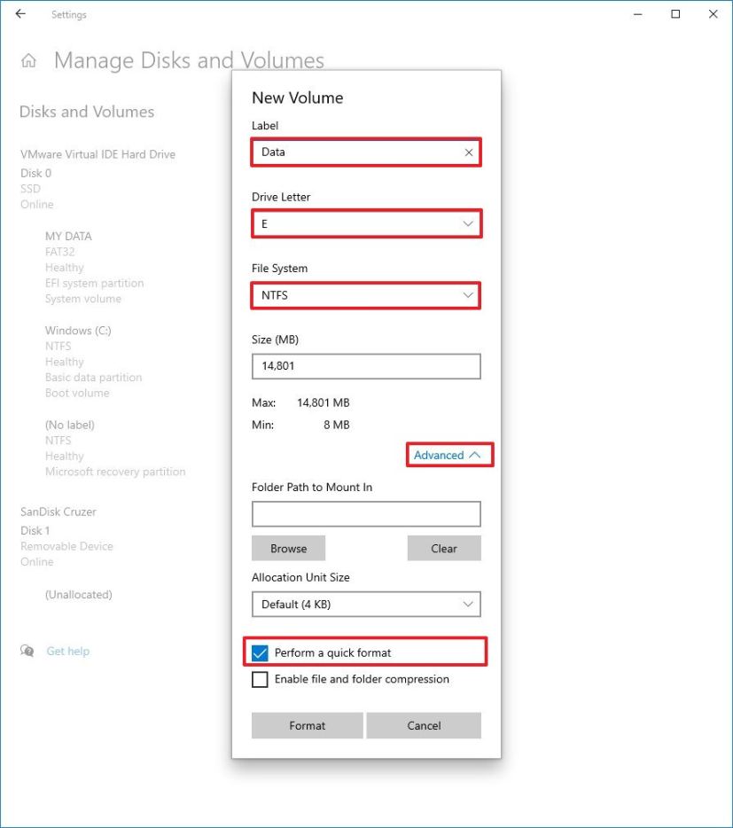 Create and format hard drive settings