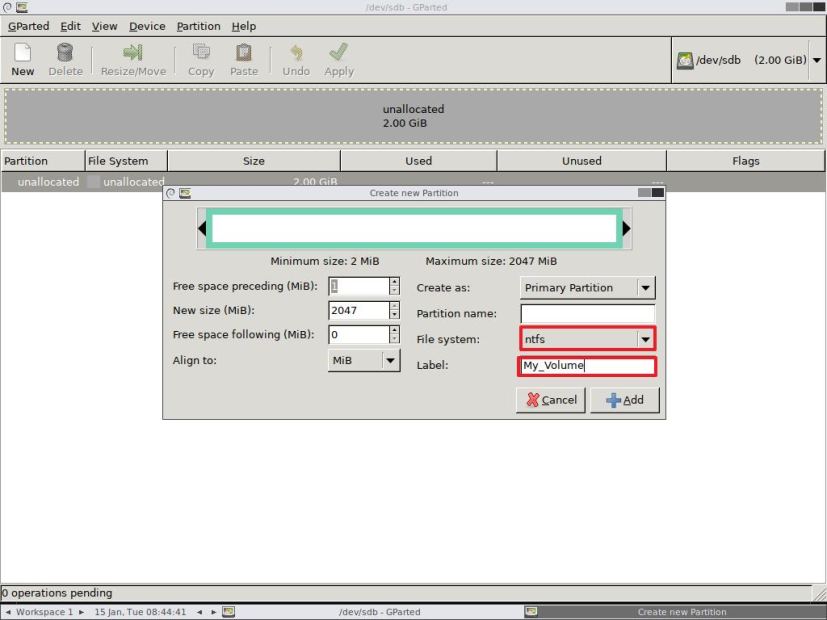 Create new partition using GParted