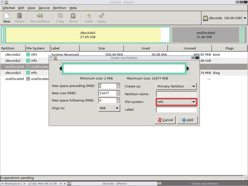 Create Windows 10 NTFS partition using GParted