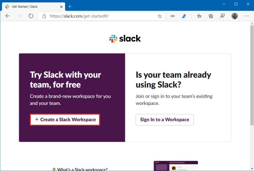 Create a Slack account option