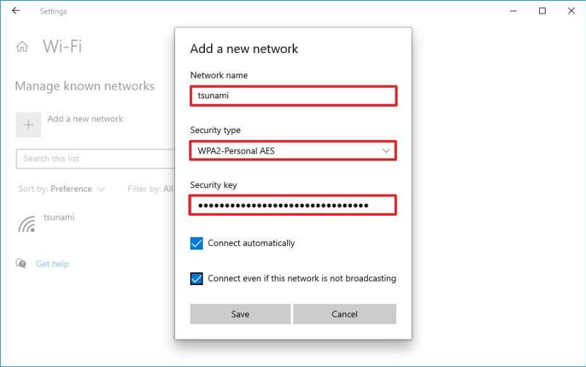 Add a new Wi-Fi network profile settings